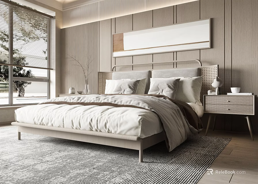 Modern Background Double Bed With Minimalist Headboard Soft Sheets And Wooden Nightstand 3d model 