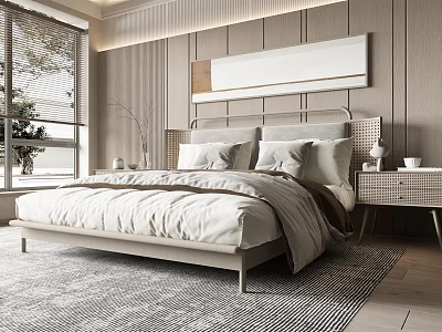 Modern Background Double Bed With Minimalist Headboard Soft Sheets And Wooden Nightstand 3d model