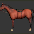 Red Horse With Black Mane Tail And Green Saddle Standing On Dark Background