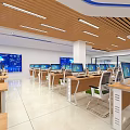 Modern Conference Room With Multiple Computer Workstations Large Blue Screens And Wooden Ceiling 3d model