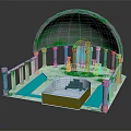Cartoon Style Enchanted Garden Scene With Arched Mossy Roof Pink Columns Blue Water Pool And Decorative Jars