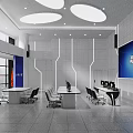 Modern Monitoring Room Interior With Large Screen Control Desks Computers Chairs And Lighting