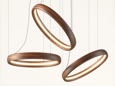 Modern Wooden Ring Pendant Lights With LED Glow Hanging In Contemporary Space 3d model