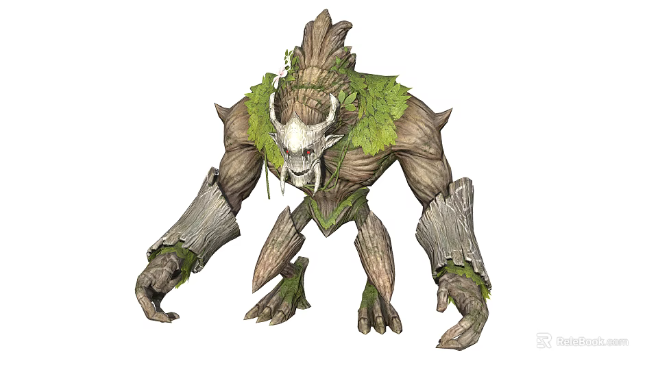 Wooden Tree Monster With Green Foliage Covered Body White Horned Face And Muscular Limbs 3d model 