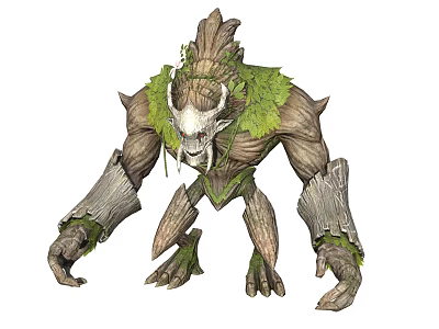Wooden Tree Monster With Green Foliage Covered Body White Horned Face And Muscular Limbs 3d model