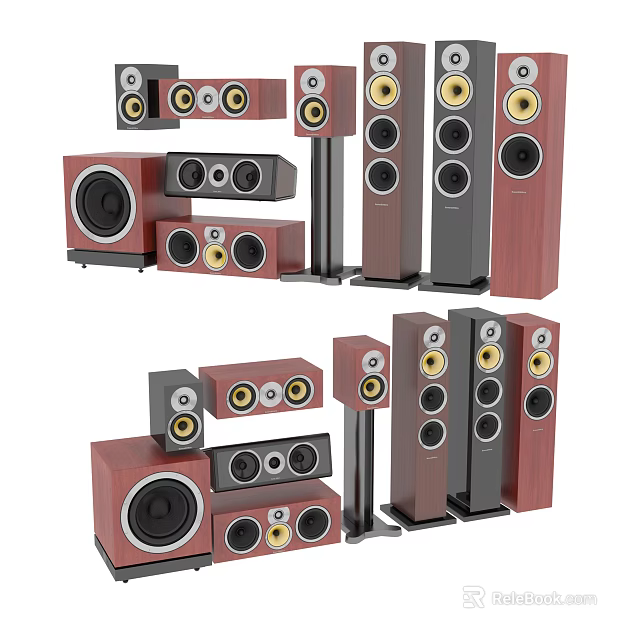 Various Headphones and Speakers With Modern Design Red Black Finish and Gold Drivers 3d model 