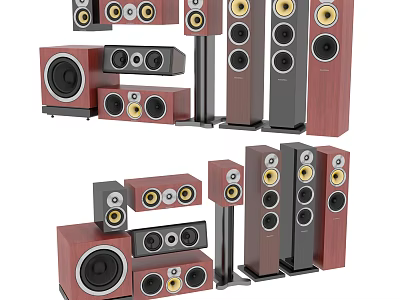 Various Headphones and Speakers With Modern Design Red Black Finish and Gold Drivers 3d model