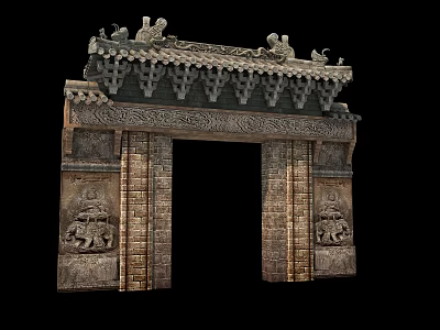 Traditional Chinese Entrance Gate With Carved Eaves Brackets And Relief Sculptures 3d model