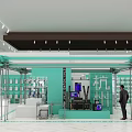 Green Exhibition Booth With Metal Frame Display Cabinets Screens And Man In Suit