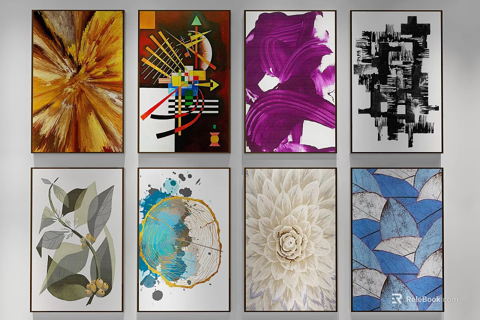 Abstract Paintings With Diverse Styles Vibrant Colors Geometric Patterns And Flower Elements 3d model 