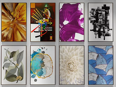 Abstract Paintings With Diverse Styles Vibrant Colors Geometric Patterns And Flower Elements 3d model
