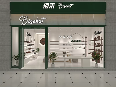 Bisehot Boutique with Glass Display Green Awning Shelves and Plants for Premium Products 3d model