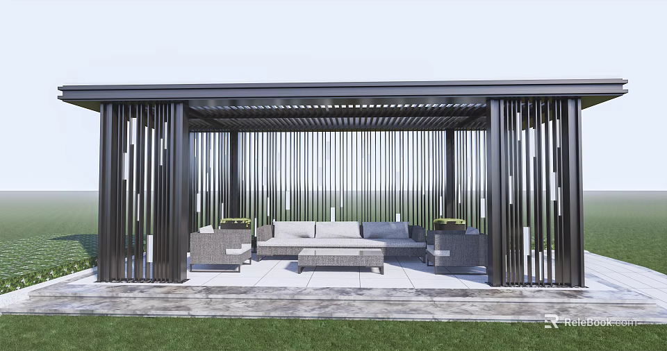 Modern Outdoor Pergola With Metal Vertical Slats And Outdoor Sofa On Green Lawn 3d model 