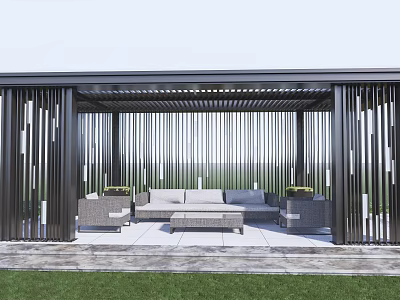 Modern Outdoor Pergola With Metal Vertical Slats And Outdoor Sofa On Green Lawn 3d model