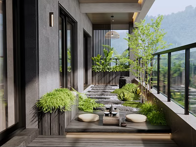 Modern Home Balcony With Green Plants Stone Path Water Feature And Glass Railing 3d model