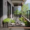 Modern Home Balcony With Green Plants Stone Path Water Feature And Glass Railing