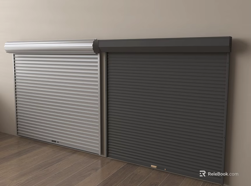 Light And Dark Gray Roller Shutters Installed On Wall With Wooden Floor 3d model 
