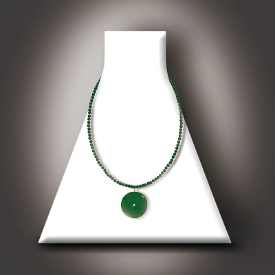 Elegant Green Beaded Necklace With Round Pendant On White Display Stand 3d model
