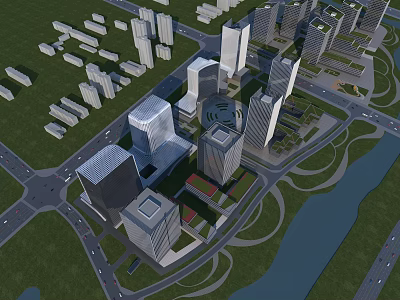 Aerial View Urban Planning With High Rise Buildings Road Network Green Spaces And River 3d model