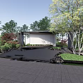 Tranquil Park Landscape With Modern Open Pavilion Stone Path And Lush Green Trees