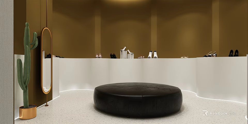 Brown Wall Interior Space With White Curved Counter Black Round Cushioned Stool And Gold Mirror 3d model 