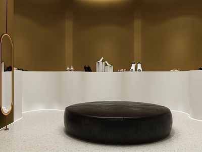 Brown Wall Interior Space With White Curved Counter Black Round Cushioned Stool And Gold Mirror 3d model