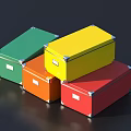 Decorative Ornament Set With Green Yellow Orange Red Boxes Metal Trim And Latches Stacked
