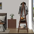 Wooden Clothes Rack in Bedroom with White Garment Shoes Basket Pumpkin and Nightstand Flower Vase