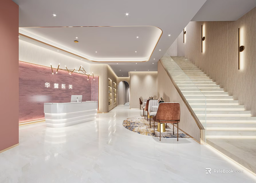 Elegant Modern Storefront Reception Desk Interior With Staircase And Accent Chairs 3d model