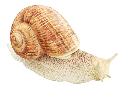 Reptile Snail Close Up View With Spiral Brown Striped Shell And Textured Body 3d model