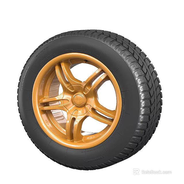 High Quality Car Tire With Golden Wheel Rim And Deep Tread Pattern 3d model 