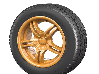 High Quality Car Tire With Golden Wheel Rim And Deep Tread Pattern 3d model
