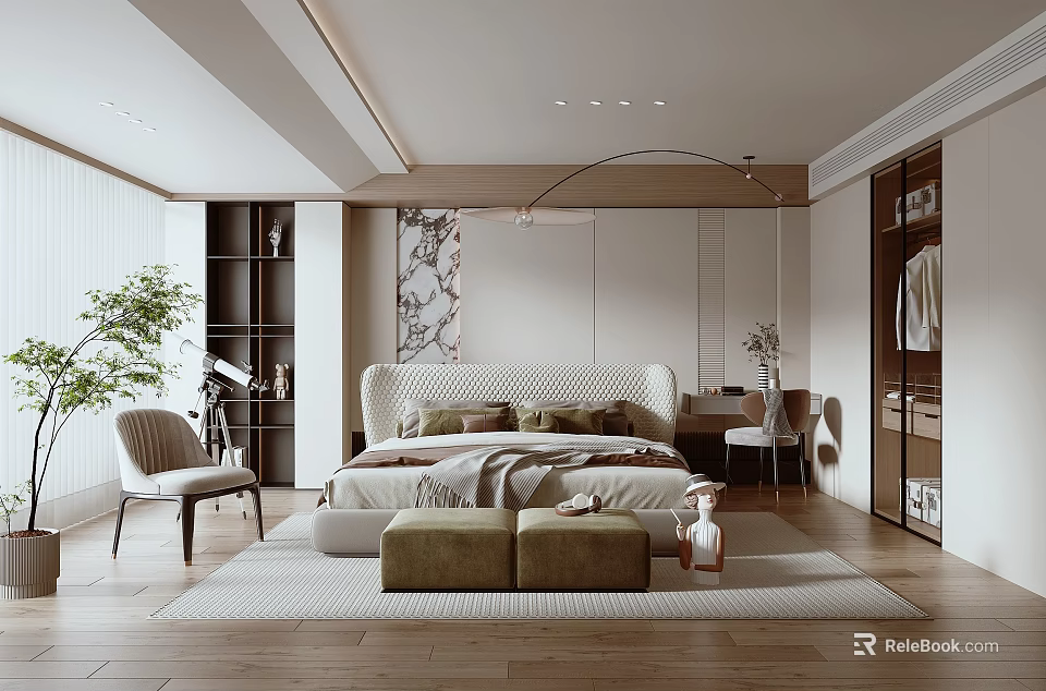 Elegant Modern Bedroom Interior With Upholstered Headboard Wooden Flooring Area Rug And Potted Plant 3d model 
