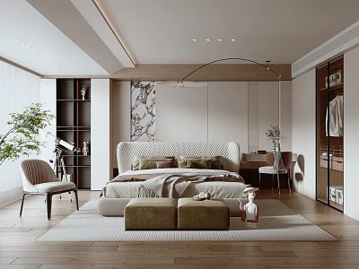 Elegant Modern Bedroom Interior With Upholstered Headboard Wooden Flooring Area Rug And Potted Plant 3d model