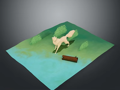 White Fox Standing In Green Grass Area With Small Bushes And Wooden Log 3d model