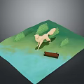 White Fox Standing In Green Grass Area With Small Bushes And Wooden Log