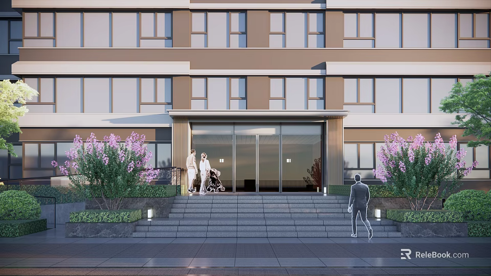 Modern Building Entrance Gate With Glass Doors Steps Purple Flowers And People 3d model 