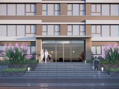 Modern Building Entrance Gate With Glass Doors Steps Purple Flowers And People 3d model