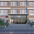 Modern Building Entrance Gate With Glass Doors Steps Purple Flowers And People