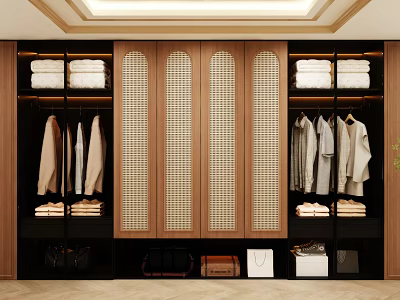 Modern Wooden Wardrobe Interior With Louvered Doors Hanging Clothes Folded Towels And Storage 3d model