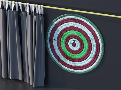 Colorful Target Patterned Garden Decor Hanging On Wall With Gray Curtains And Yellow Rod 3d model