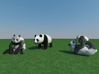 Three Adorable Pandas on Green Grassland Sitting Standing and Lying Playfully 3d model