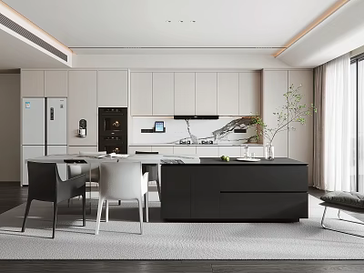 Modern Open Concept Kitchen Interior Design With White Cabinets Black Island And Appliances 3d model