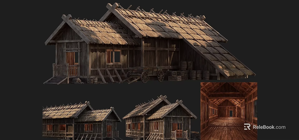 Ancient Traditional Building With Thatched Roof Wooden Frames And Classic Architectural Design 3d model 