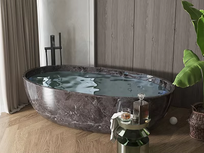 Oval Marble Bathtub with Water Bottles and Glass in Modern Bathroom Wooden Wall Green Plant 3d model