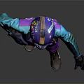 Person In Purple And Blue Jumpsuit With Helmet Standing On Gray Background