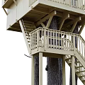 Wooden Tree House Built On Two Trees Featuring Staircase Balcony And Sloped Roof