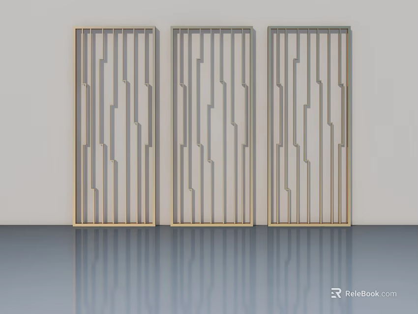 Three Stylish Swing Doors With Geometric Line Design On Light Gray Wall And Reflective Floor 3d model 
