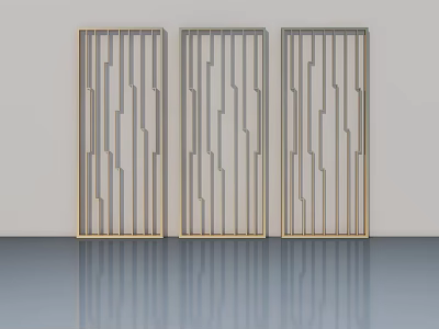 Three Stylish Swing Doors With Geometric Line Design On Light Gray Wall And Reflective Floor 3d model