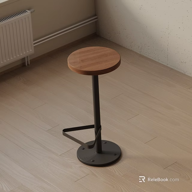 Simple Modern Bar Stool With Wooden Seat And Black Metal Frame Indoor On Wooden Floor 3d model 